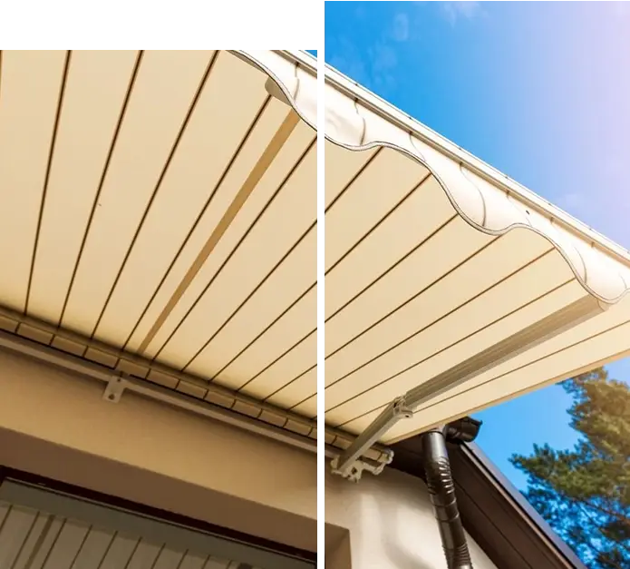 A side-by-side comparison of a retractable awning with one half shaded and the other half exposed to bright sunlight, demonstrating the effectiveness of the awning in providing shade.