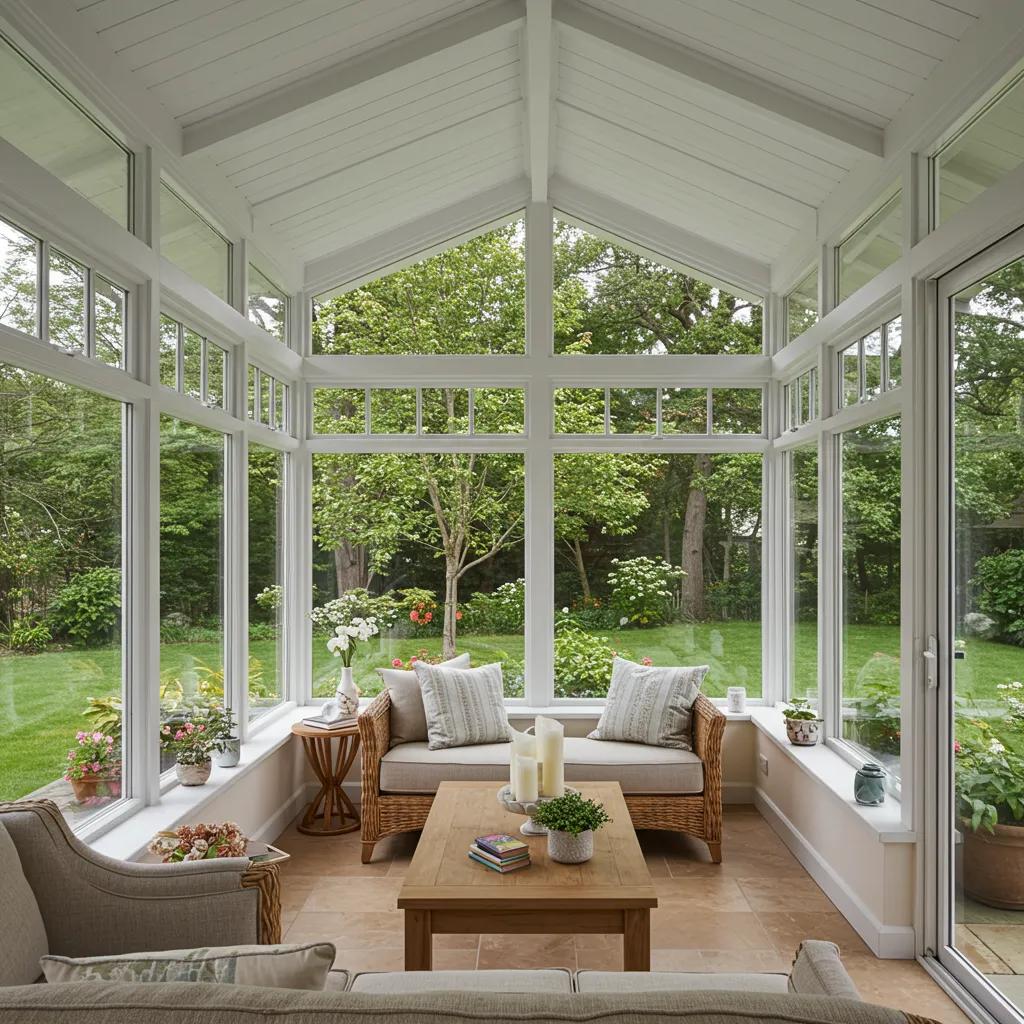 Inviting sunroom with large windows and cozy furniture, highlighting the benefits of a sunroom addition
