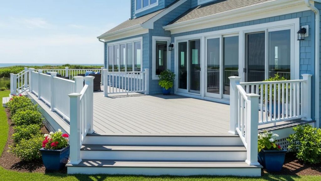 A wide, bright photo of a finished composite deck extension on a coastal-style home &mdash; ideally one of Coastline's own completed projects in Sussex County.